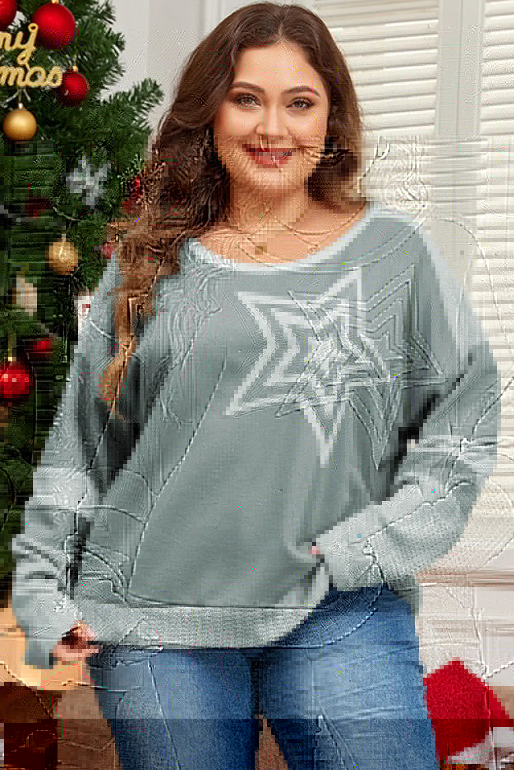 Plus Size Star Round Neck Long Sleeve Top