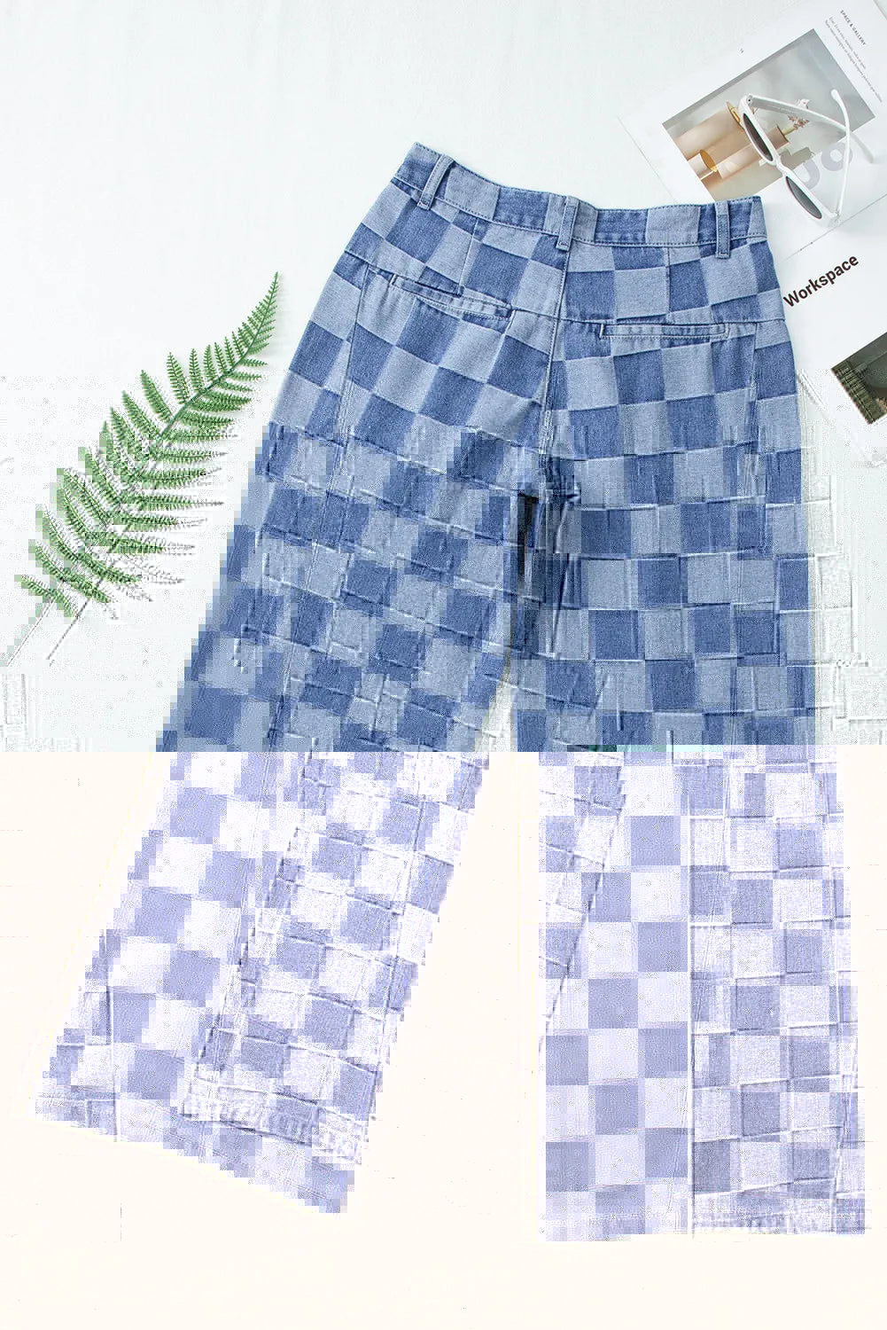 Checkered Wide Leg Jeans with Pockets