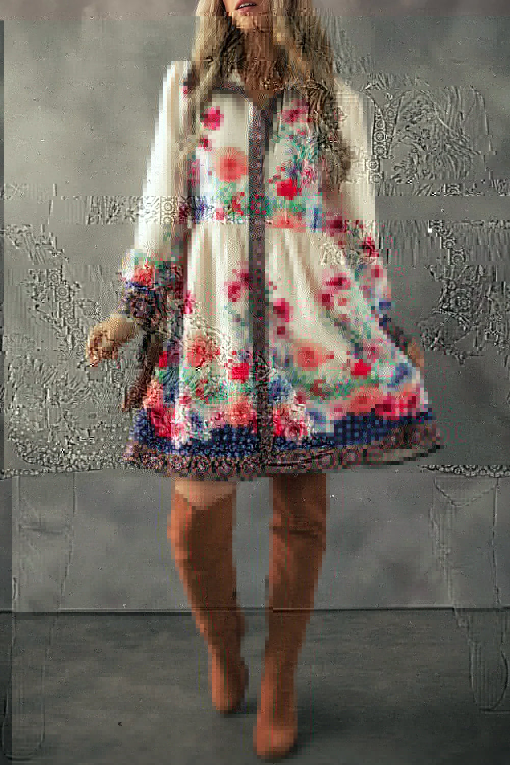 Flower Button Down Lantern Sleeve Dress