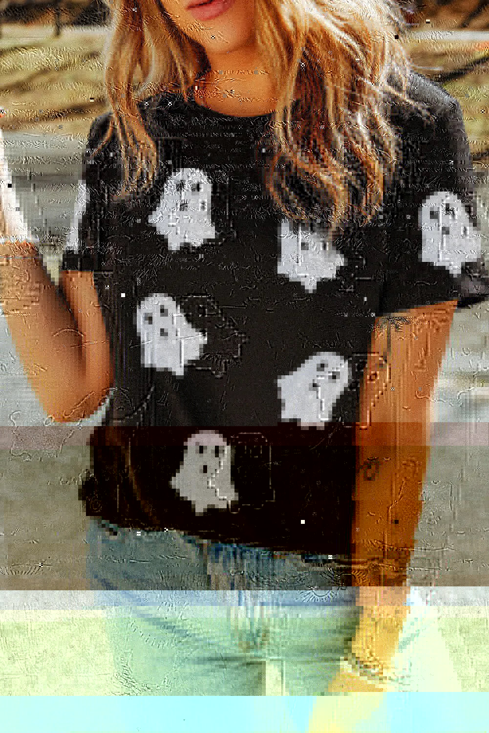 Glitter Ghost Round Neck Short Sleeve T-Shirt