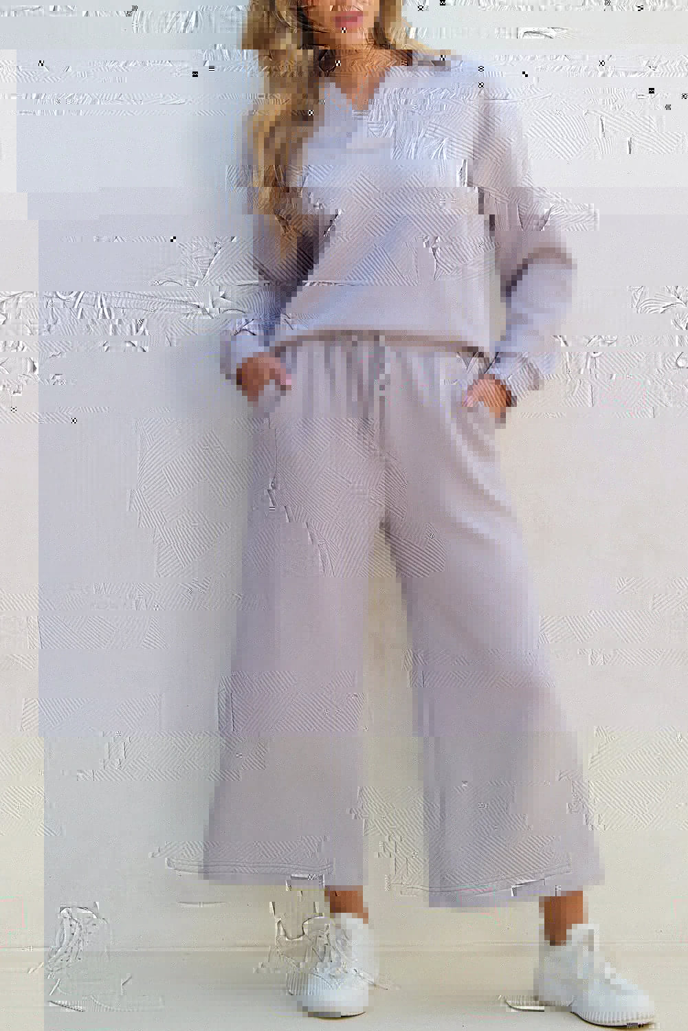 Textured Long Sleeve Top and Drawstring Pants Set