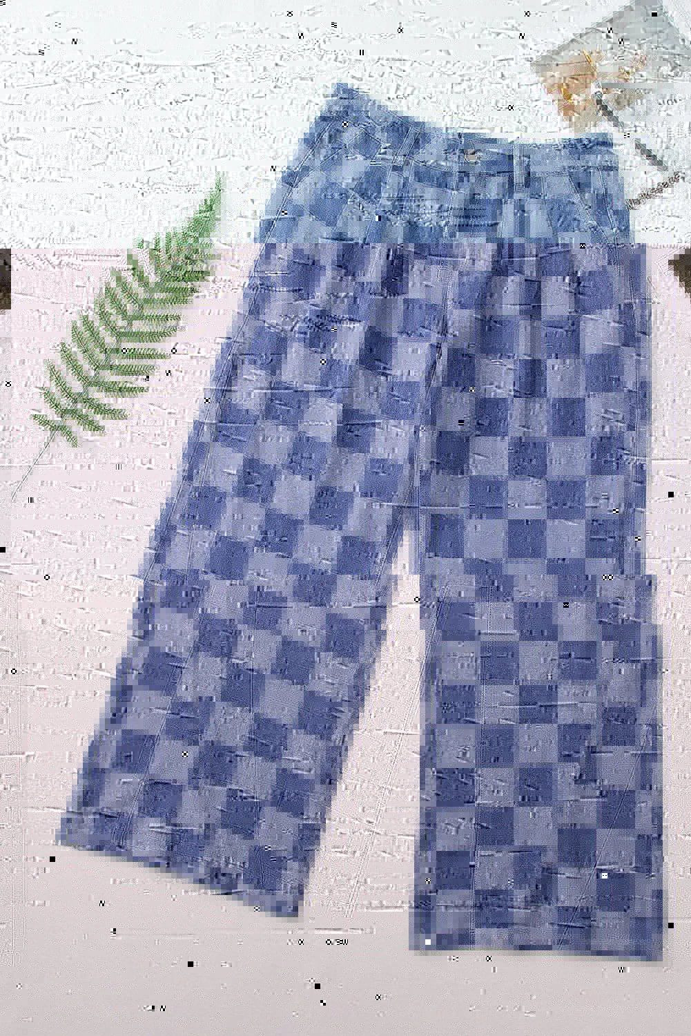 Checkered Wide Leg Jeans with Pockets